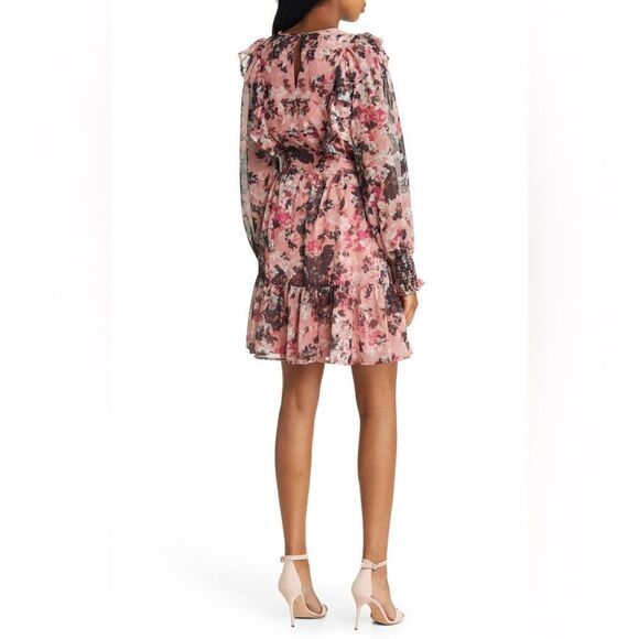 Rachel Parcell Pink Floral Print Ruffle Chiffon Blouson Dress size 8 NWT $228 - Picture 3 of 4